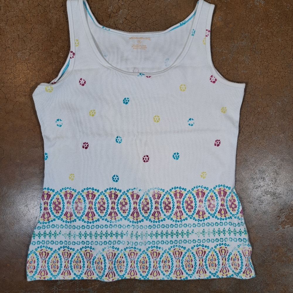 Eddie Bauer Womens Cotton Geometric Floral Sleeveless Top Size XL Tee Stretch